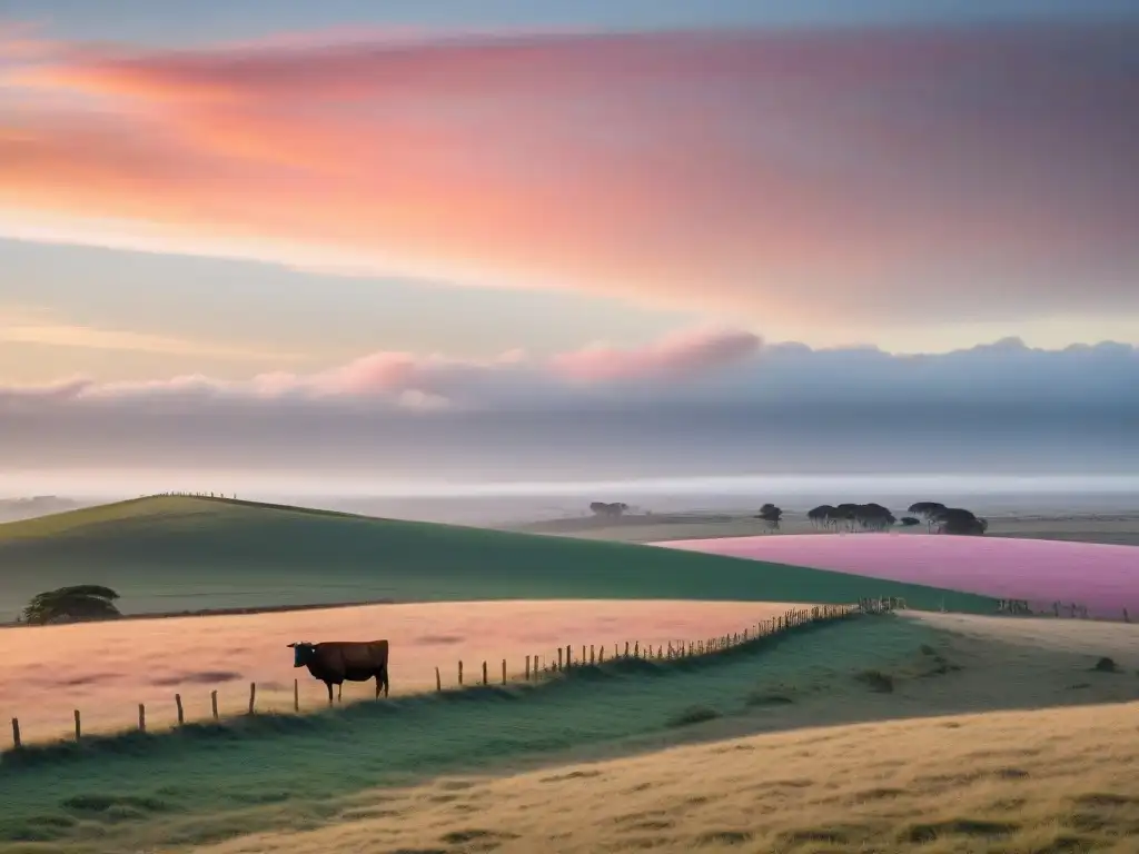 Fotografía minimalista paisajes Uruguay: Atardecer dorado en las extensas llanuras con postes de madera y ganado pastando en la distancia