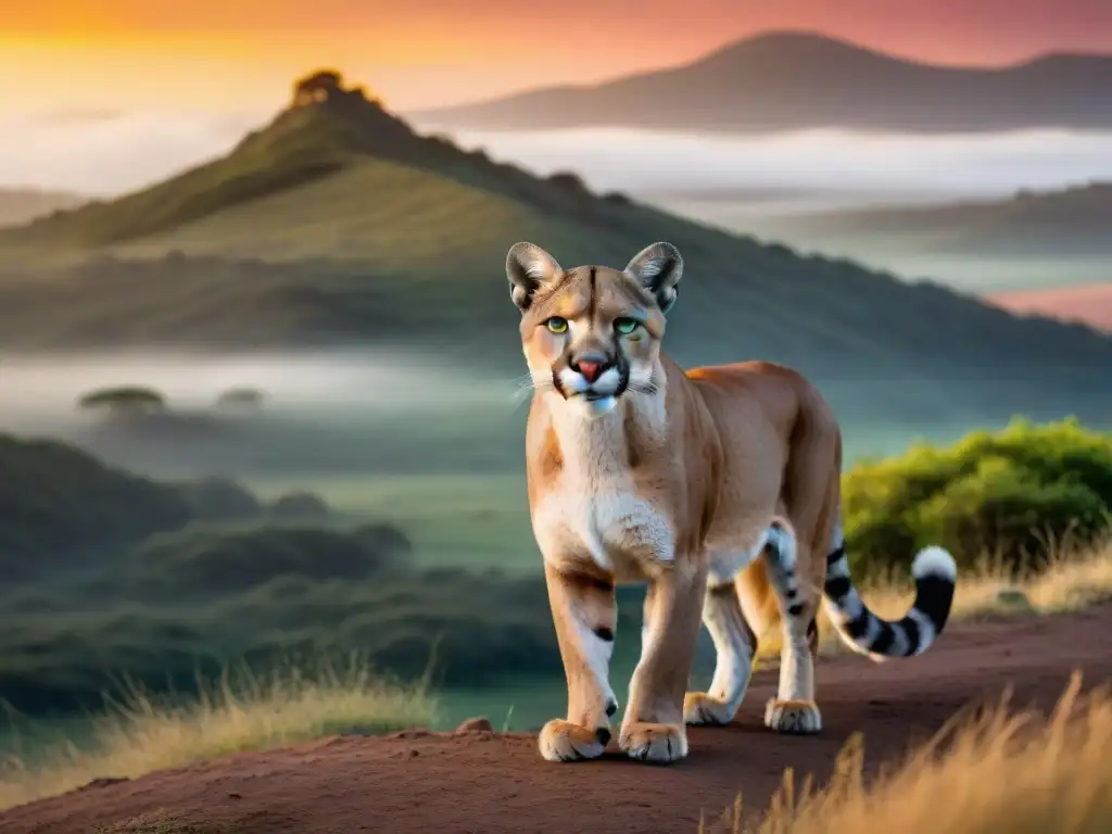 Mirada penetrante del puma en la naturaleza de Uruguay al atardecer, reflejando interacción humana y fauna