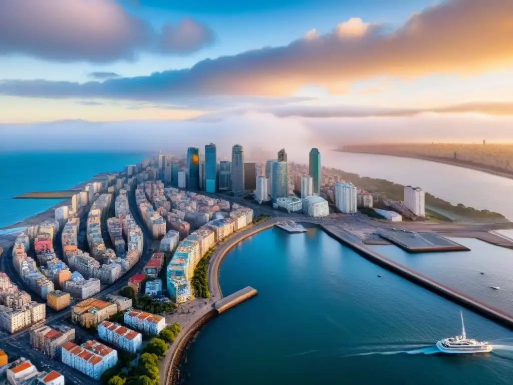 Miradores Montevideo vistas aéreas: la ciudad se despliega vibrante bajo el sol, con su arquitectura dinámica y costa brillante