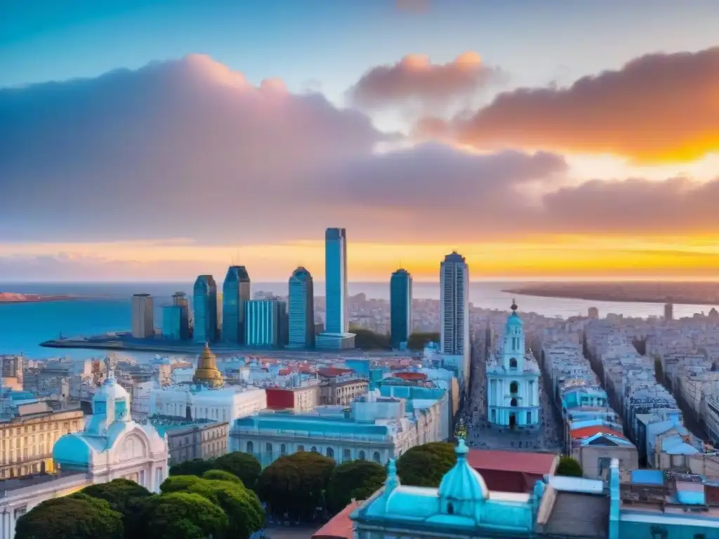 Miradores Montevideo panorámicas ensueño: vista panorámica de Montevideo desde el icónico Palacio Salvo al atardecer