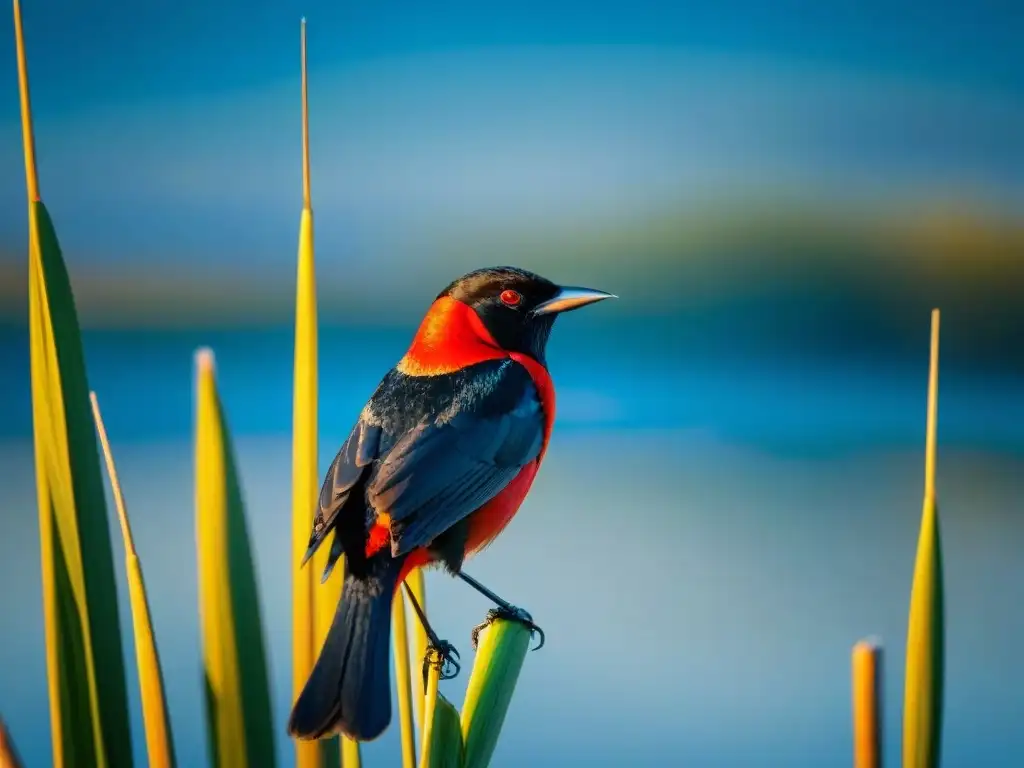 Un mirlo cabecirrojo vibrante posado en una caña en los humedales de Uruguay, reflejando su plumaje negro brillante y detallado