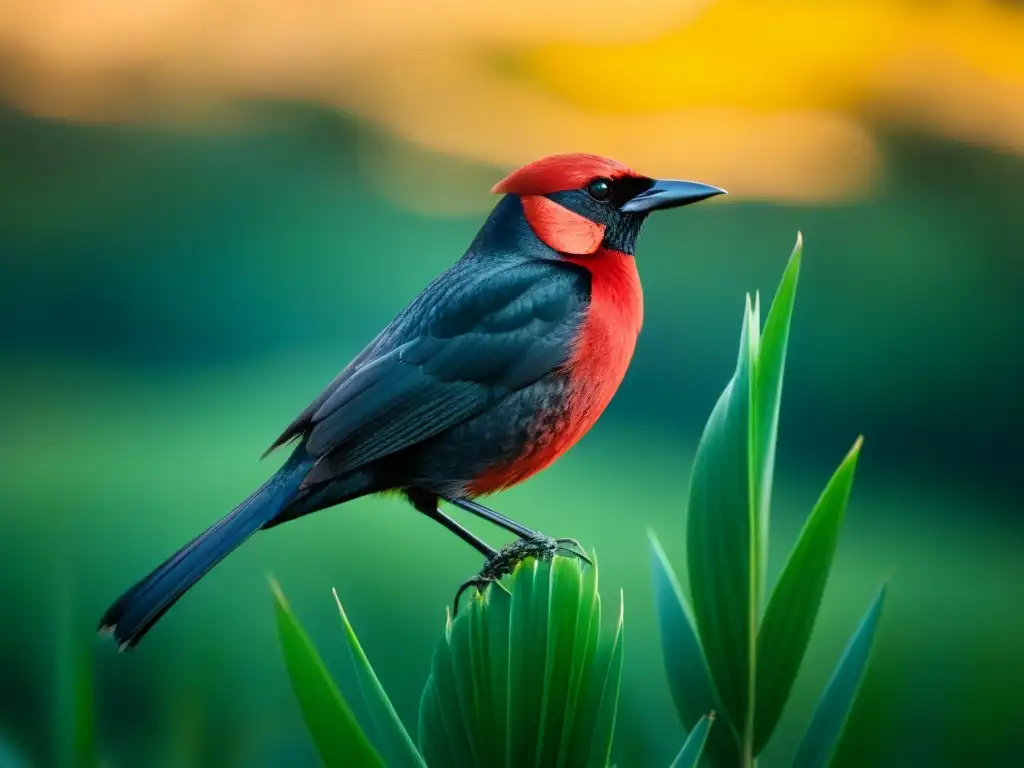 Un mirlo cabecirrojo vibrante posado en una caña en un humedal sereno en Uruguay, muestra las especies únicas en Uruguay