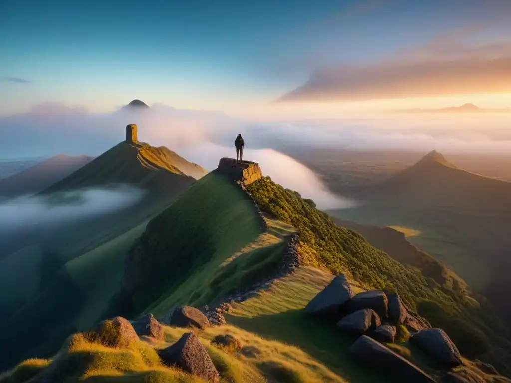 Explora la misteriosa belleza del Cerro de las Ánimas Uruguay al atardecer, con figuras solitarias al borde del acantilado