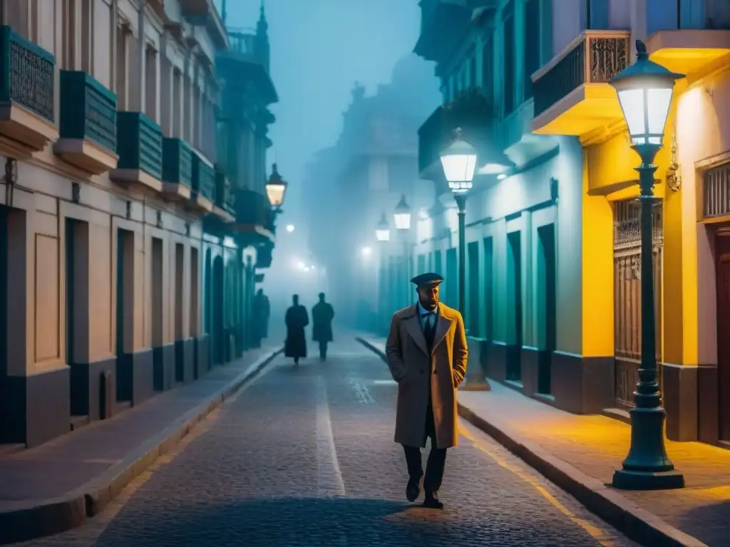 Un misterioso personaje entre sombras bajo una farola titilante en las calles nocturnas de Montevideo, evocando leyendas urbanas Montevideo