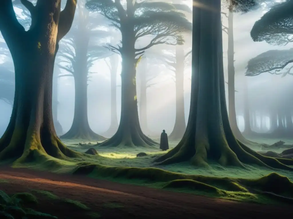 Bosque místico al anochecer con Nahuala en Uruguay Misterioso bosque al anochecer en Uruguay, con sombras entre árboles antiguos y la silueta del Nahuala fusionándose en la oscuridad, creando un ambiente de suspenso y misterio que evoca las leyendas y mitos de la cultura uruguaya