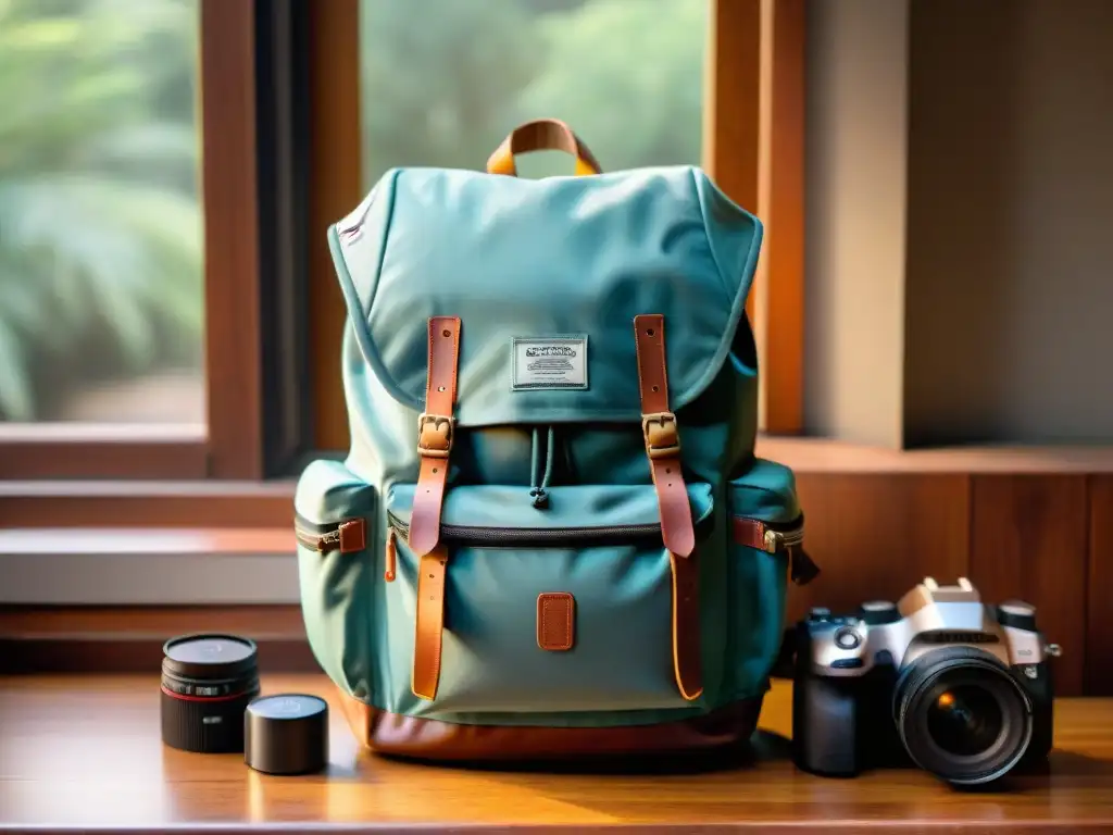 Una mochila de accesorios de fotografía de viaje organizados en una mesa de madera rústica en Uruguay