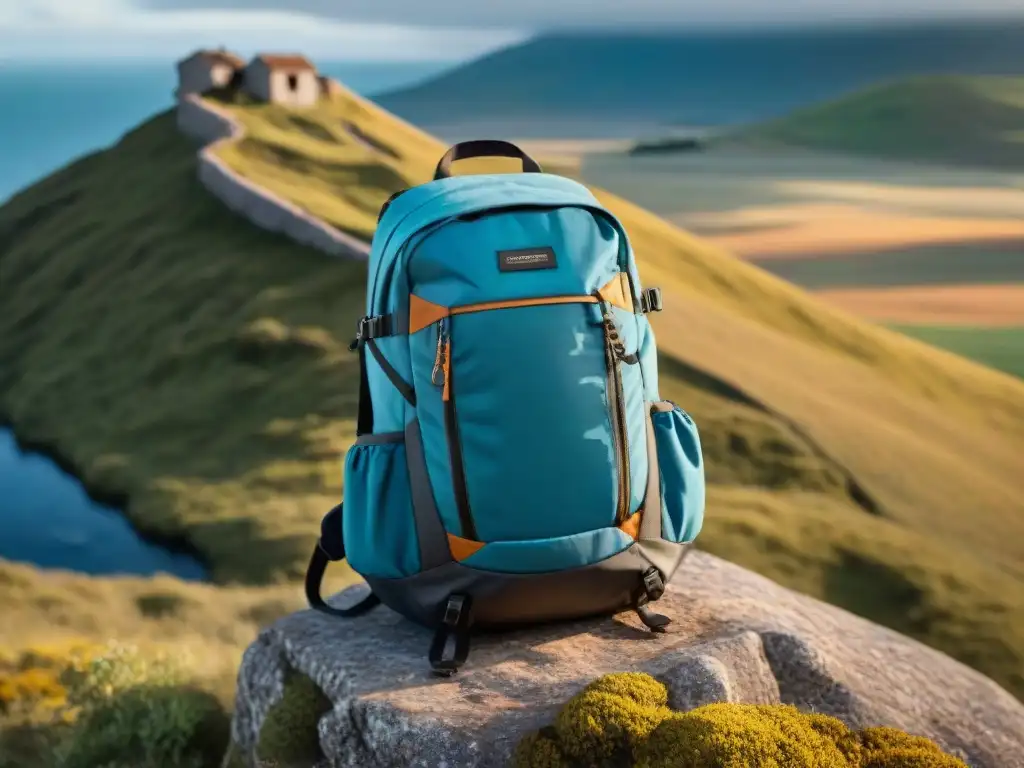 Mochila de aventura resistente en acantilado de Uruguay, paisaje verde y cielo azul