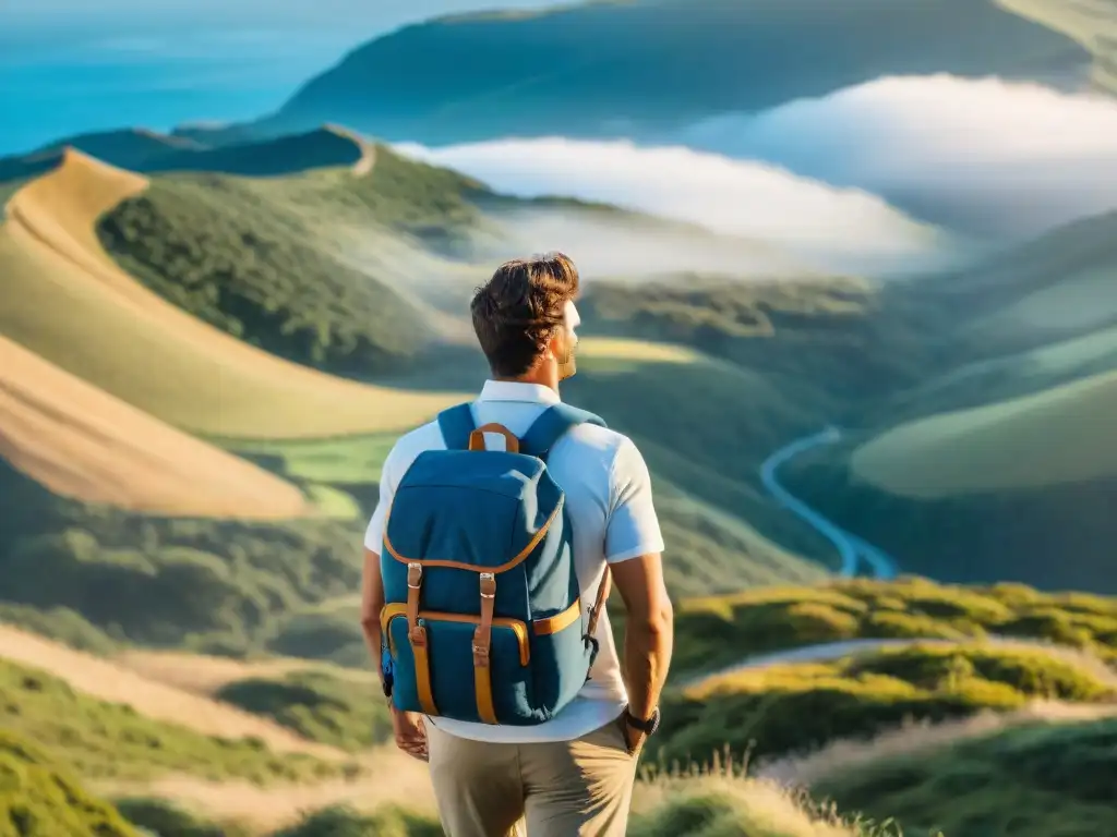 Una mochila de aventura resistente en el paisaje uruguayo: robusta, ergonómica y lista para explorar