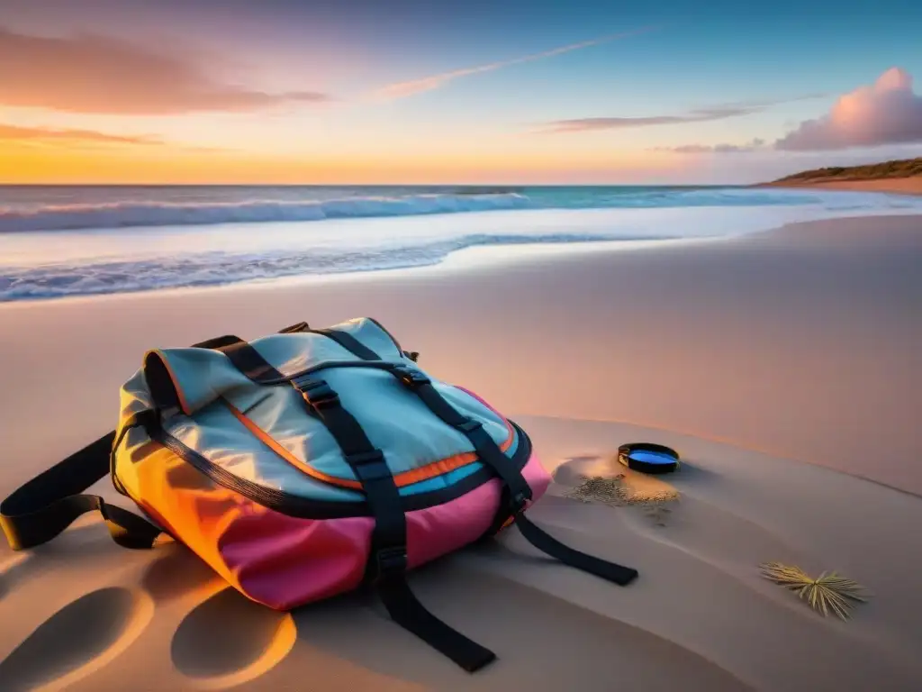 Mochila fotográfica para Uruguay: Aventureros exploran la playa al atardecer con cámara, mapa y binoculares en mano