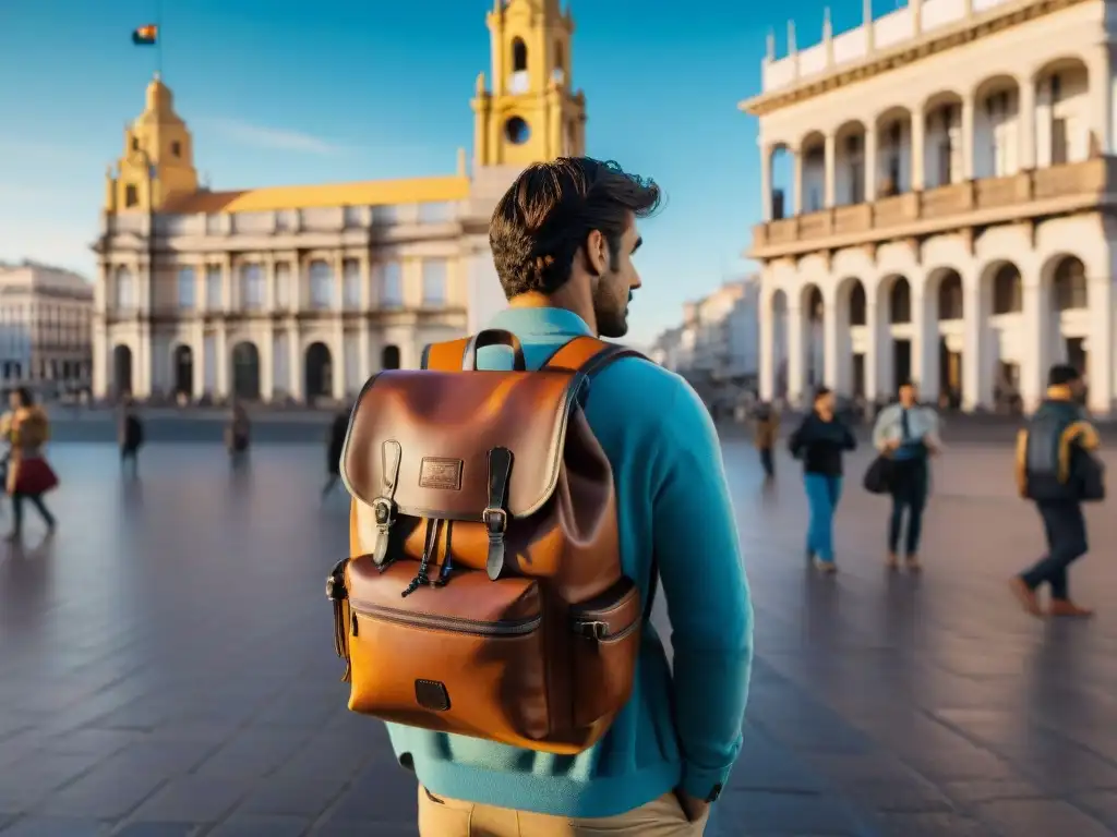 Mochila fotográfica lista para explorar Plaza Independencia en Montevideo, Uruguay