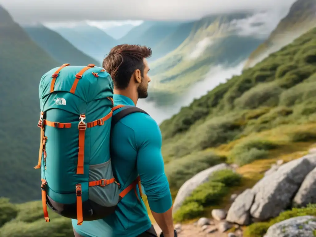 Hiker ajustando la mochila en sendero rocoso, rodeado de vegetación, siguiendo consejos mochilas distribución peso