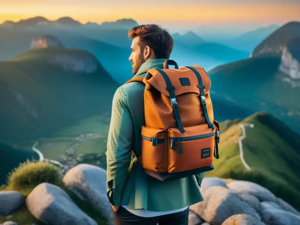 Empacar mochila viaje ligero en paisaje de montaña al atardecer dorado, evocando aventura y minimalismo