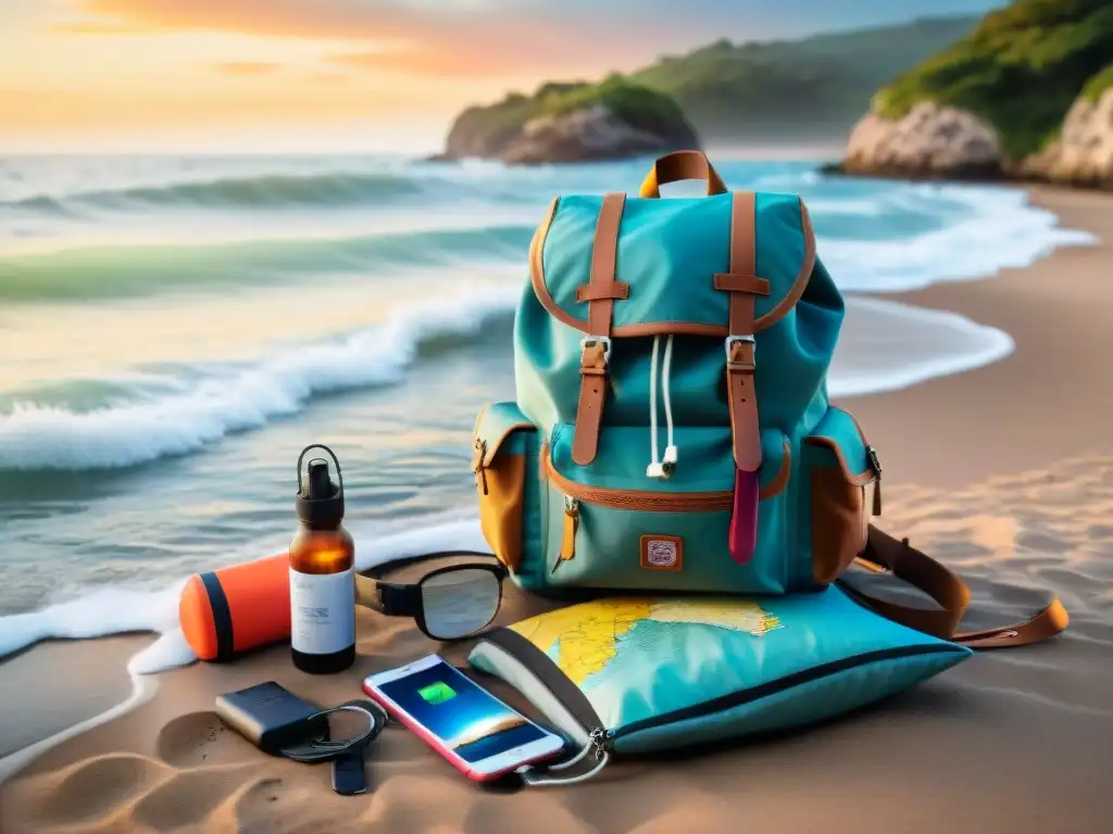 Mochila de viajero abierta en una playa de Uruguay al atardecer, con Apps imprescindibles para viajar