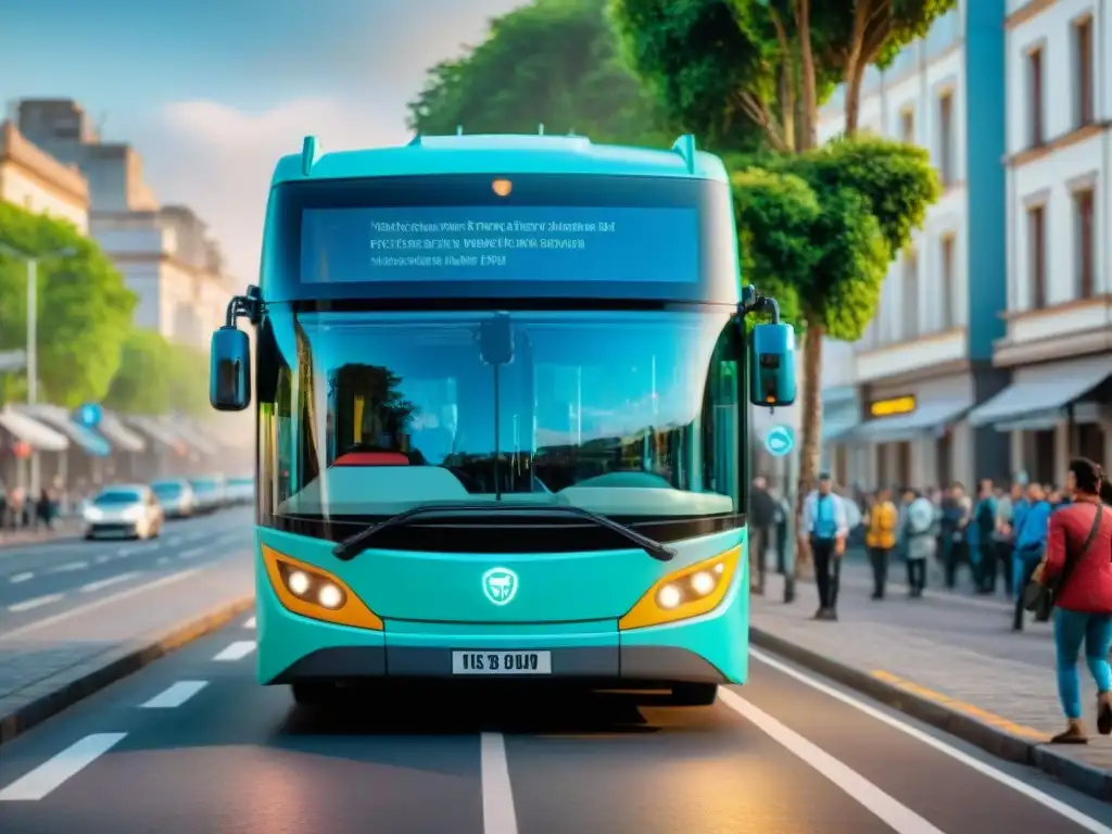 Un moderno autobús eléctrico en Montevideo, rodeado de vegetación y ciclistas