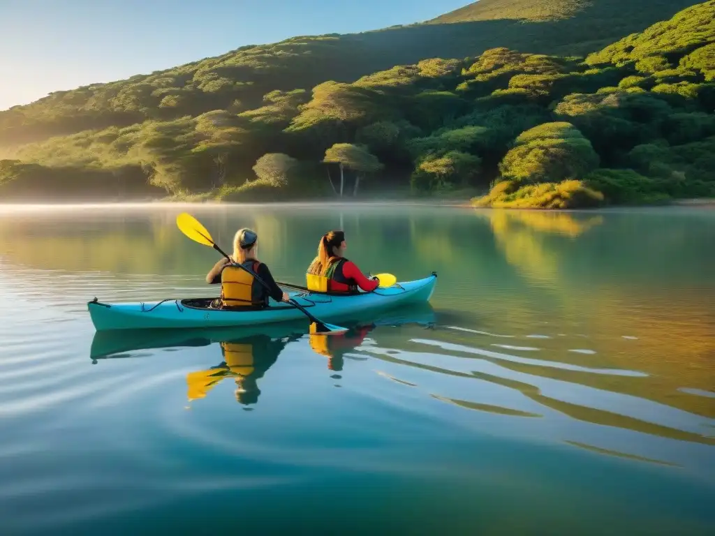 Un momento de ecoturismo responsable en Uruguay: turistas practicando kayak en Laguna Garzón al atardecer, rodeados de naturaleza exuberante