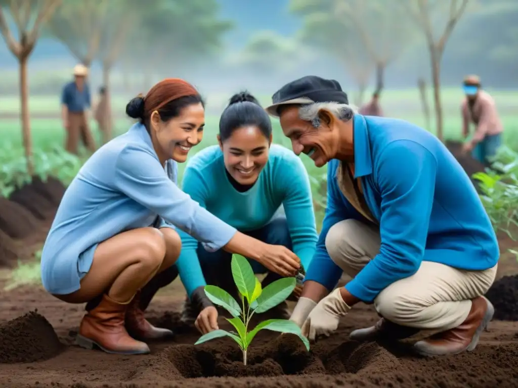 Un momento de ecoturismo sostenible en Uruguay: comunidad local y turistas unidos para plantar árboles nativos en un bosque exuberante