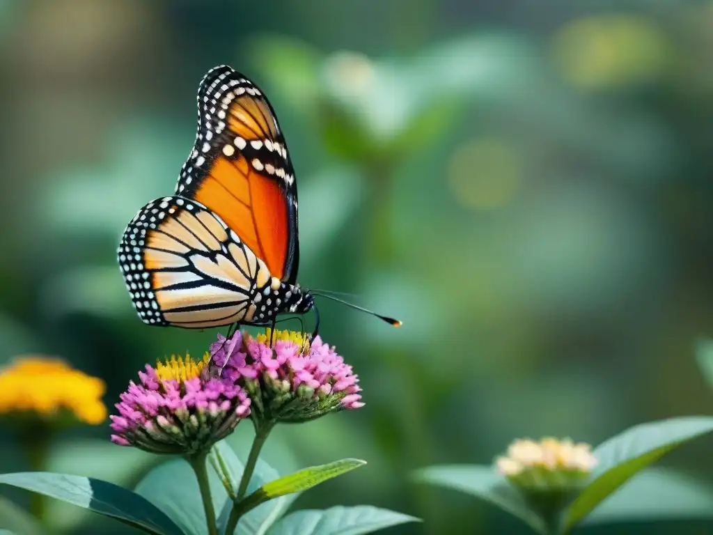 Un Monarca vibrante polinizando flores nativas uruguayas, resaltando la belleza e importancia de las mariposas en Uruguay