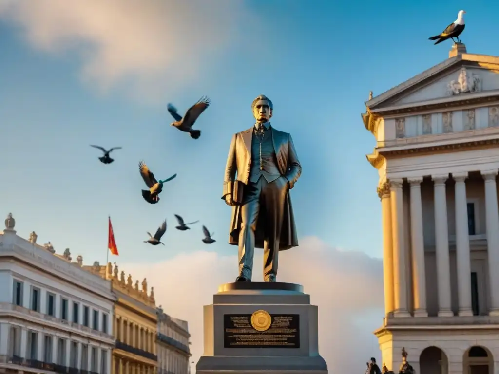 Monumental estatua de José Artigas en plaza con gente admirando, palomas volando y vendedores callejeros