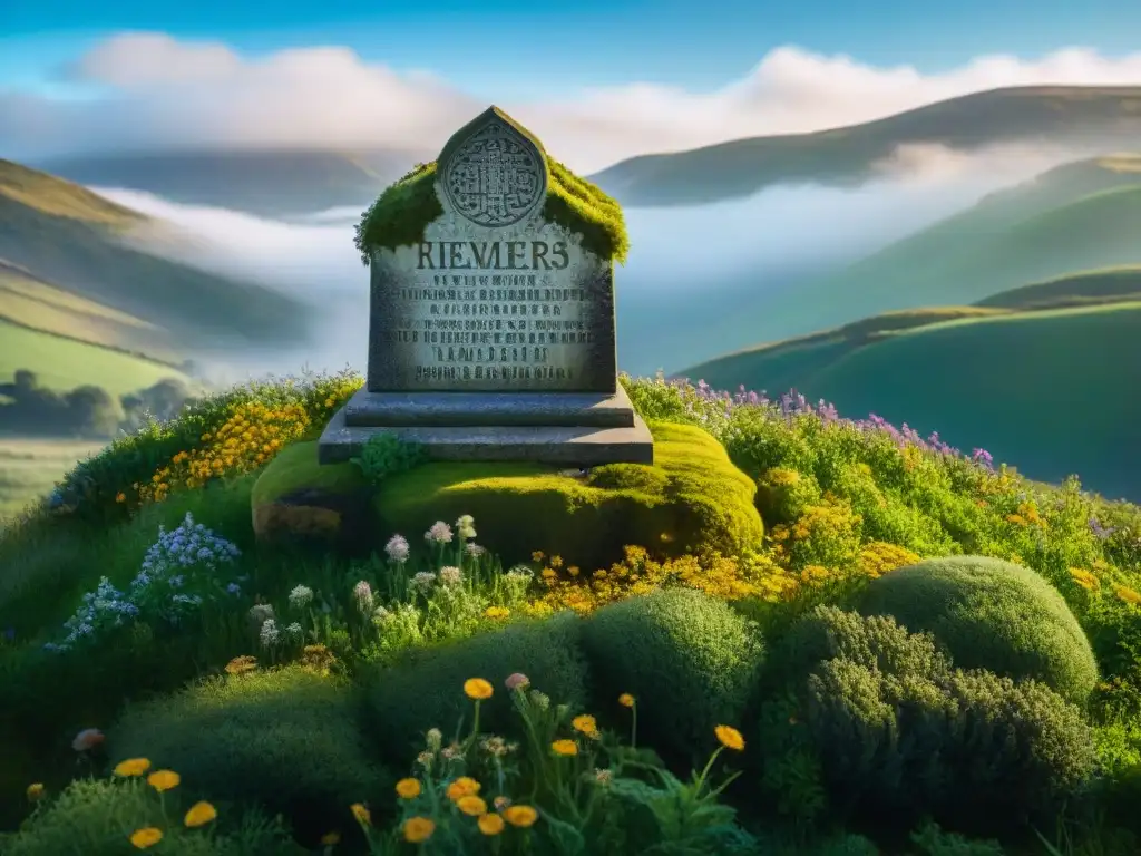 Un monumento de piedra cubierto de musgo rodeado de flores silvestres, en un paisaje campestre