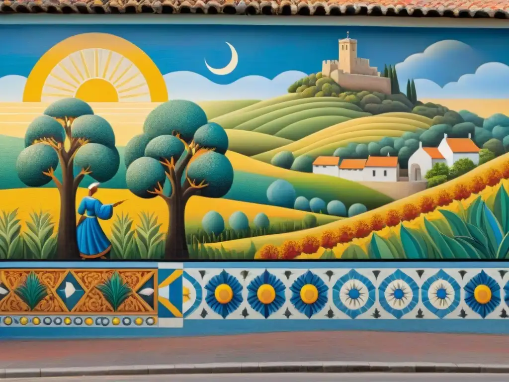 Un mosaico detallado del mural del Museo Figari en Uruguay, con colores vibrantes y escenas de folklore local