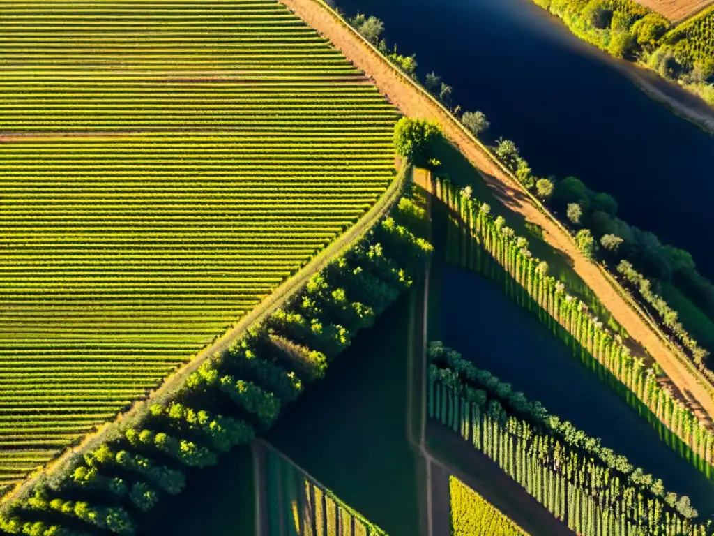 Un mosaico hipnótico de viñedos en las Rutas del vino alternativas de Uruguay al atardecer