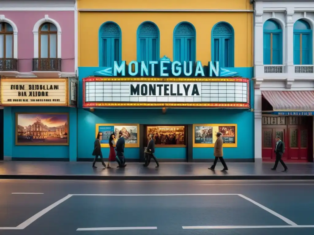 Un mosaico urbano de Montevideo con la industria cinematográfica uruguaya patrimonio, cines vintage y cinéfilos en cola