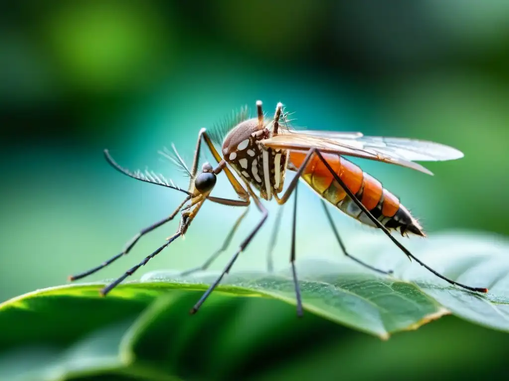 Detalle asombroso: mosquito en vuelo con alas transparentes Un mosquito en pleno vuelo, detallado y amenazante, entre verdor