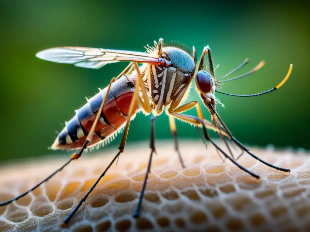 Detalle impactante: probóscide de mosquito perforando piel humana Un mosquito a punto de picar la piel humana, mostrando la anatomía detallada de su probóscide