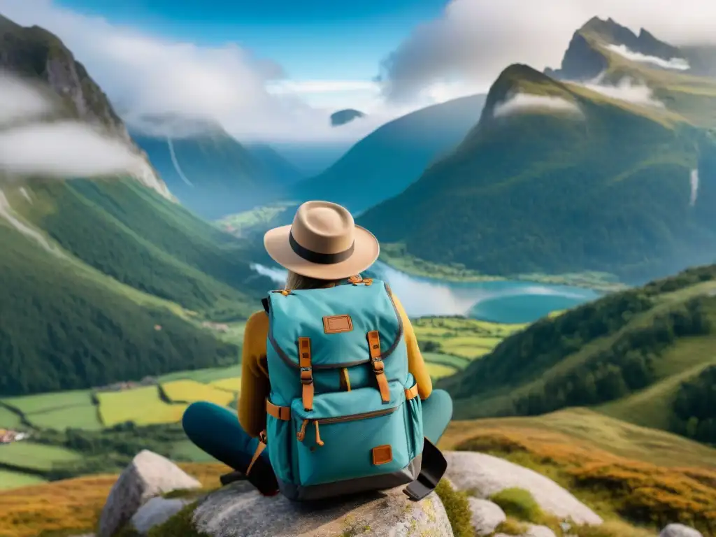 Mujer ajusta su mochila ergonómica con paisaje montañoso de fondo