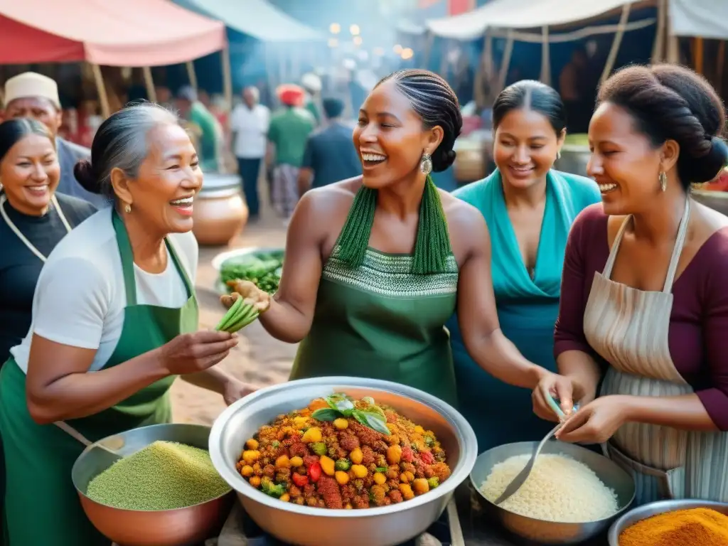 Una mujer negra con trenzas, cocinando un guiso afrouruguayo en un mercado con gente diversa