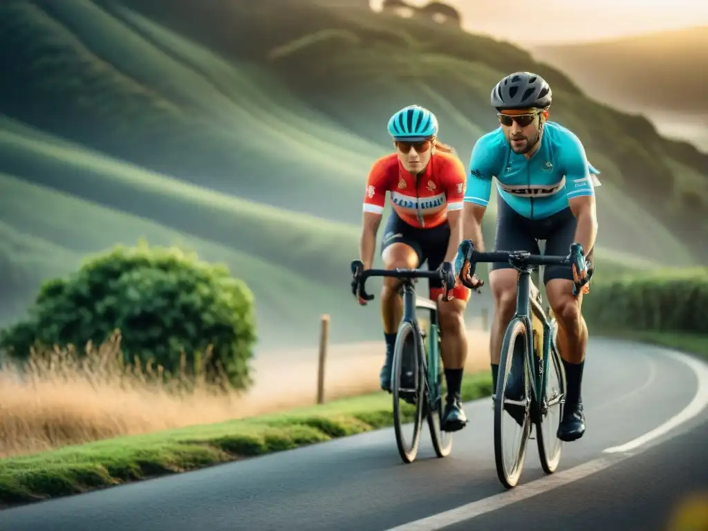 Mujeres ciclistas determinadas en Uruguay, ascendiendo una empinada montaña al atardecer