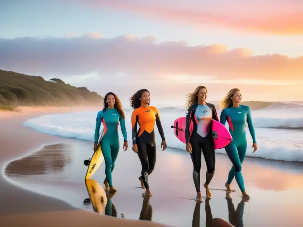 Mujeres diversas en trajes de surf coloridos caminan hacia la playa al atardecer en Uruguay