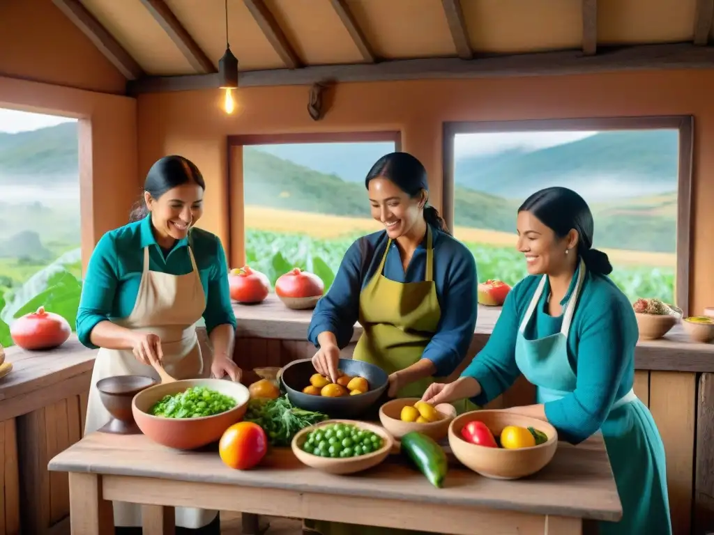 Mujeres uruguayas preparan platos regionales en cabaña, destacando el turismo sostenible en Uruguay