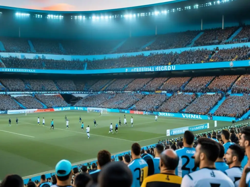 Multitud apasionada en estadio uruguayo durante un partido de fútbol nacional, reflejando la cultura futbolística en Uruguay