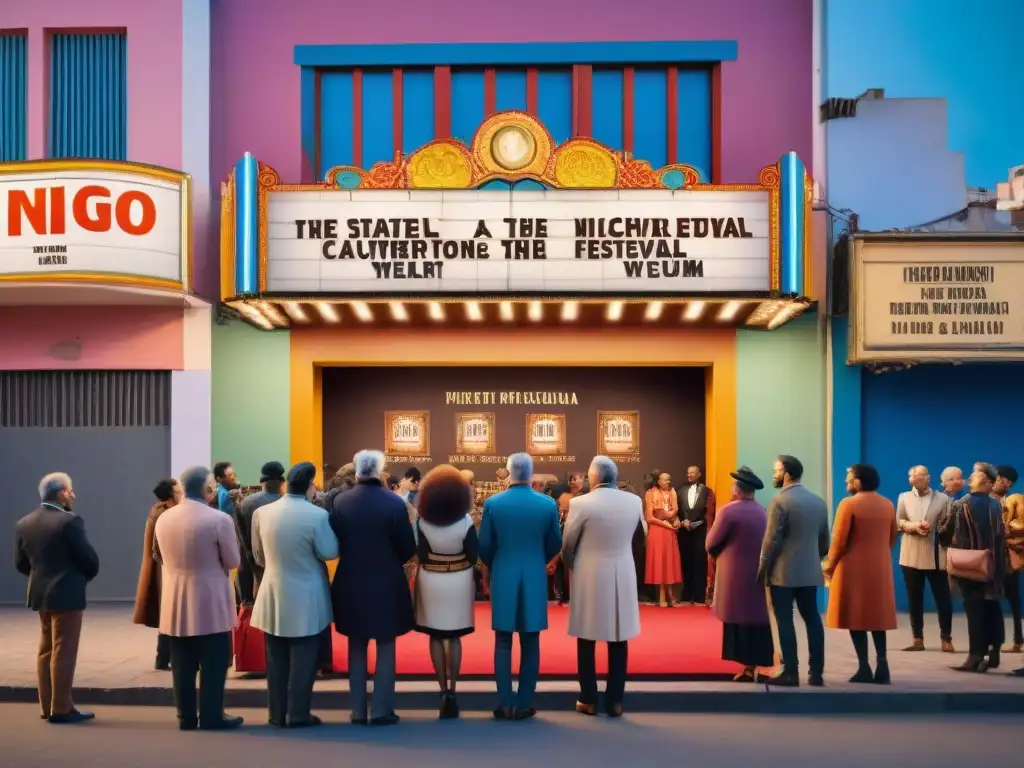 Multitud colorida en festival teatral de Montevideo, con cartel luminoso