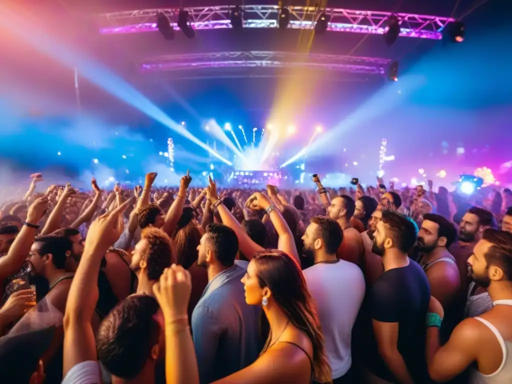 Multitud diversa bailando en festival de música electrónica en Uruguay