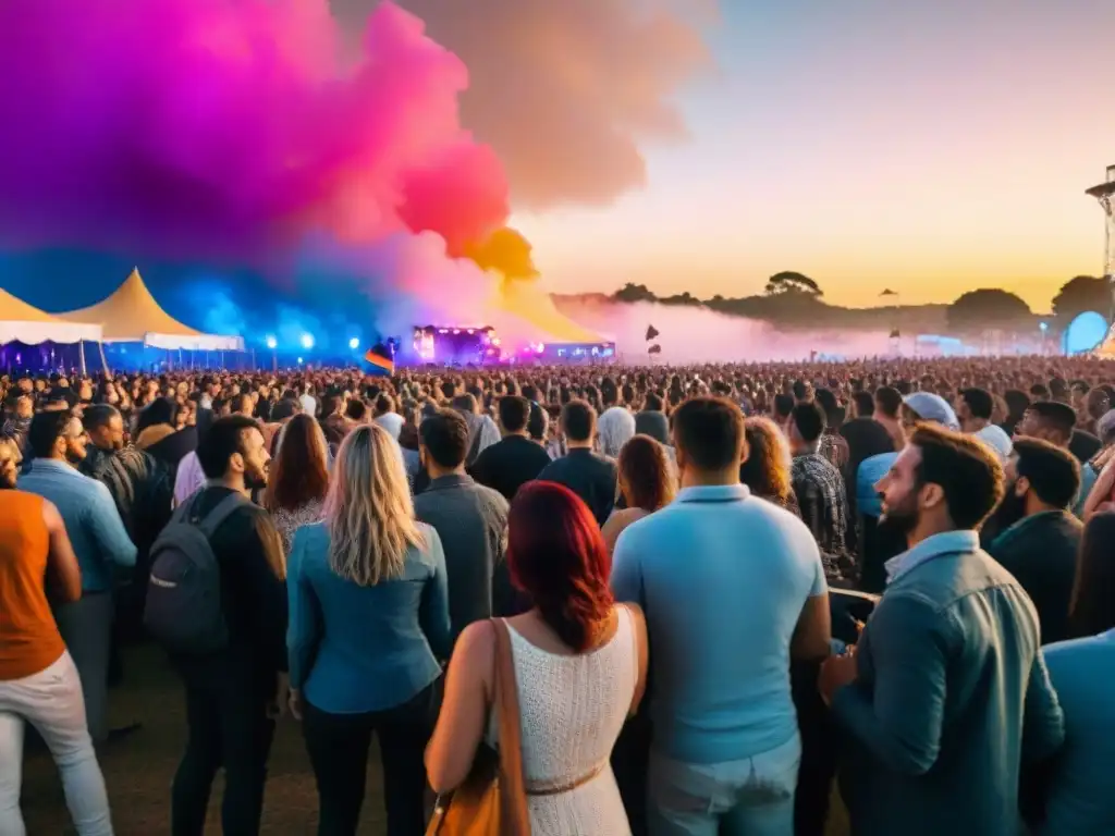 Multitud diversa disfrutando festival de música vibrante en Uruguay