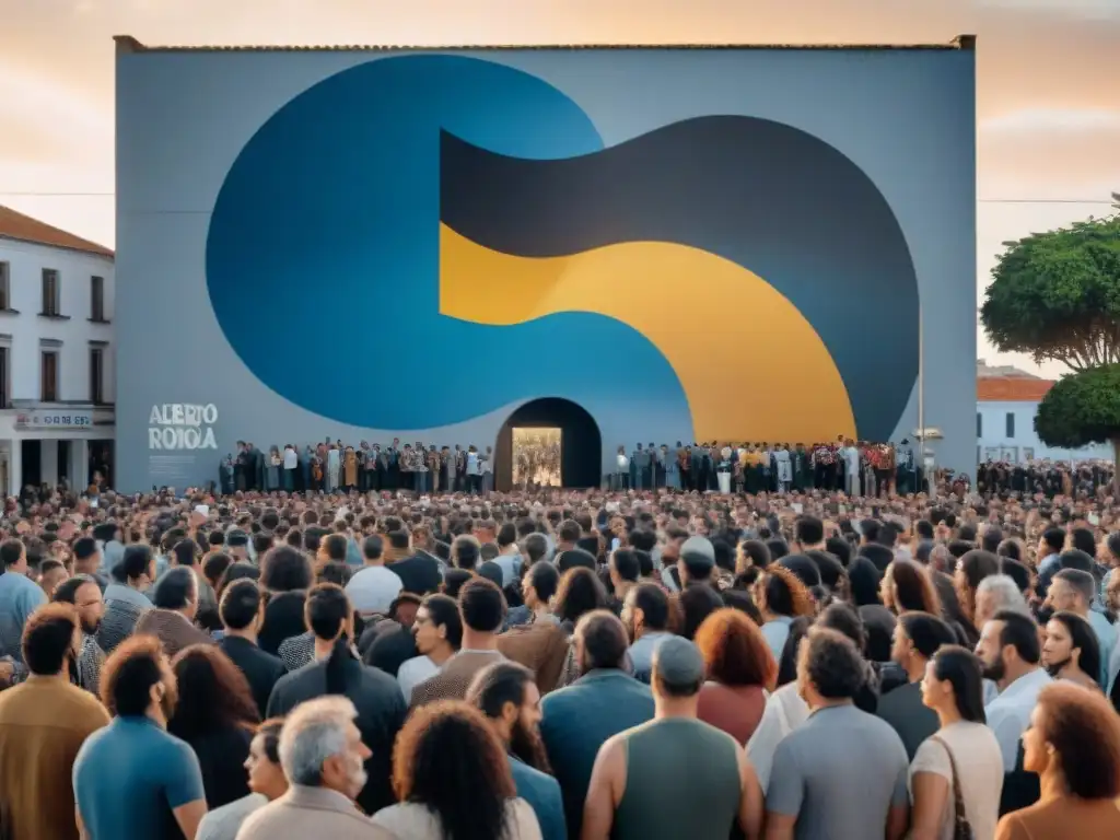 Una multitud diversa en plaza uruguaya con carteles de Zitarrosa, mural icónico y atmósfera de pasión y unidad