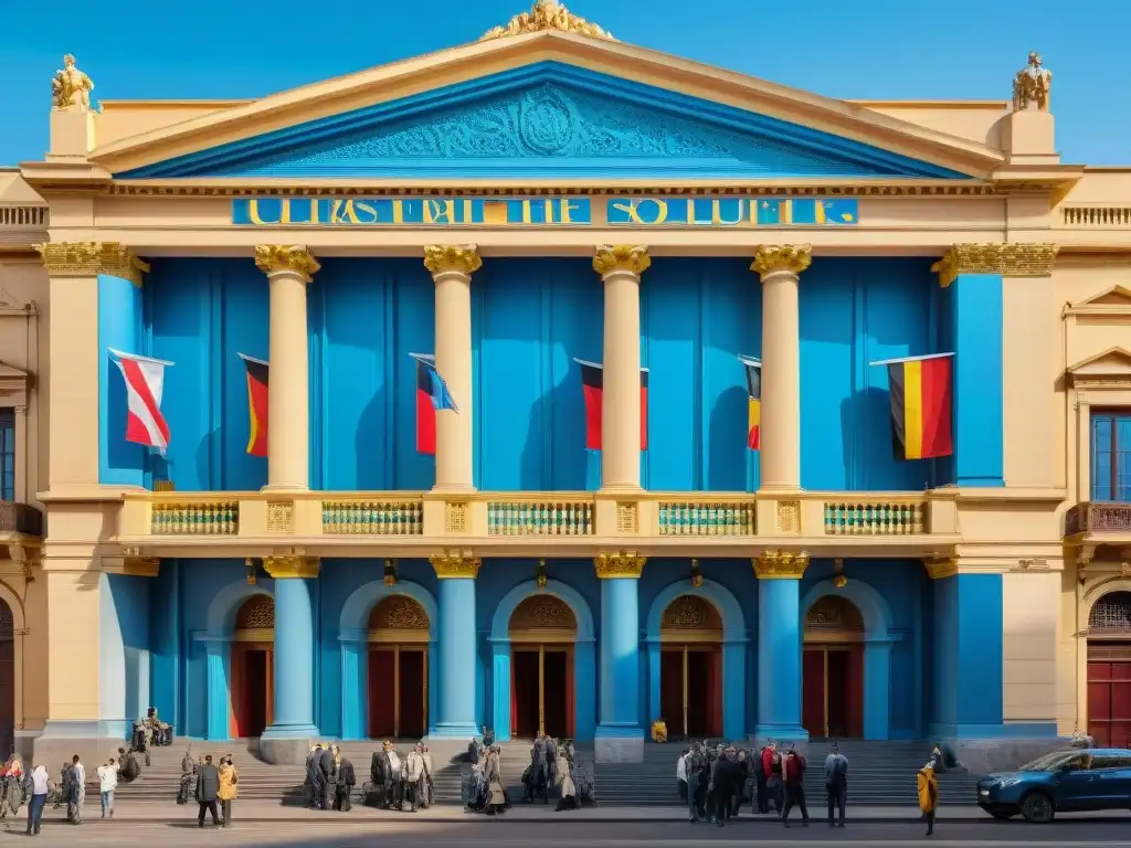 Multitud expectante en el Teatro Solís de Montevideo, con vendedores de libros y artistas callejeros