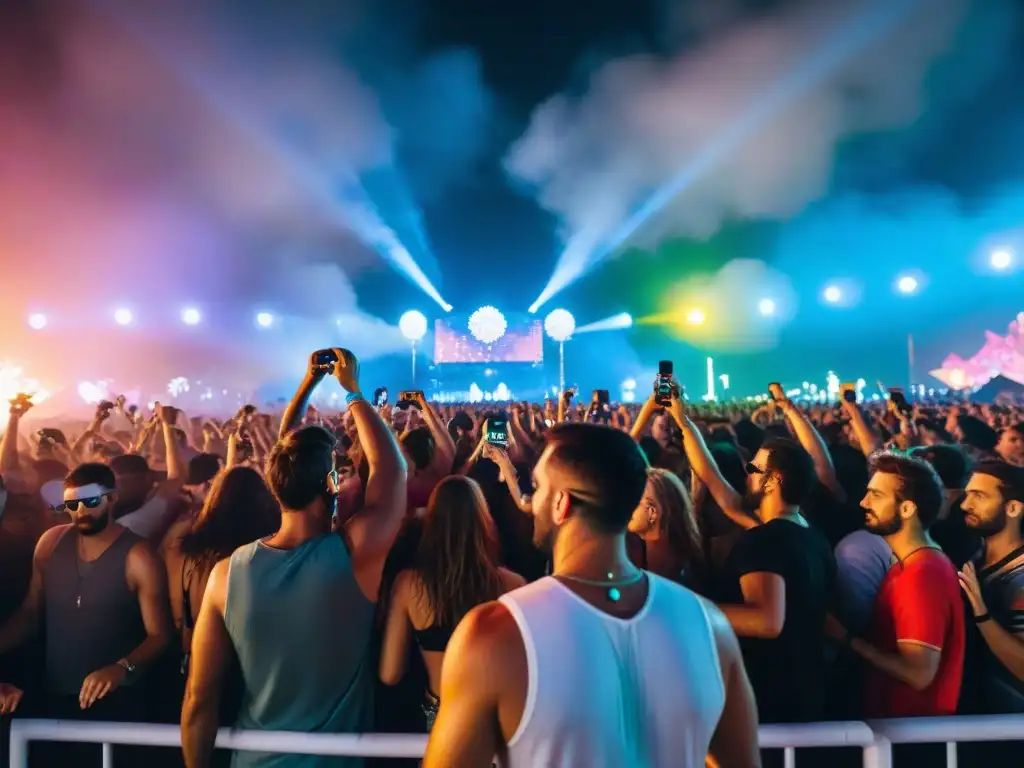 Una multitud vibrante bailando bajo luces de neón en un festival de música electrónica en Uruguay