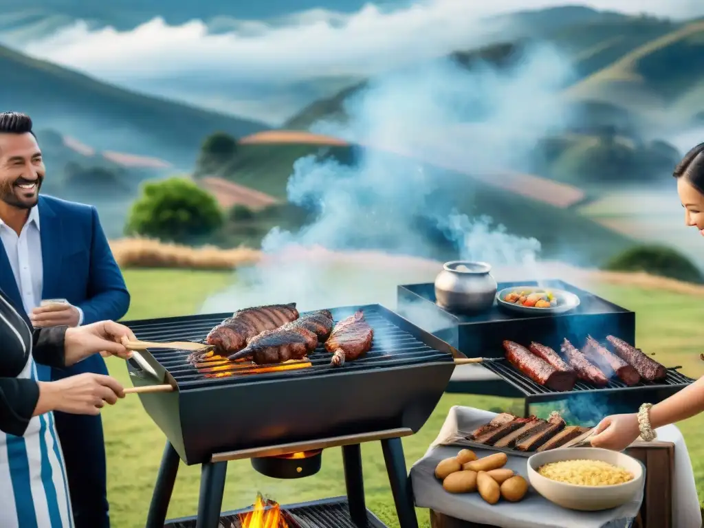 Gastronomía uruguaya conquista mundo: Asado al aire libre en día soleado, gente observando carne en parrilla