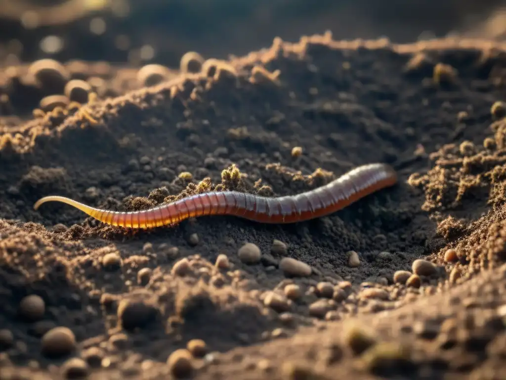 Un mundo secreto de biodiversidad en suelos uruguayos, donde un vibrante lombriz avanza entre microorganismos y raíces de plantas