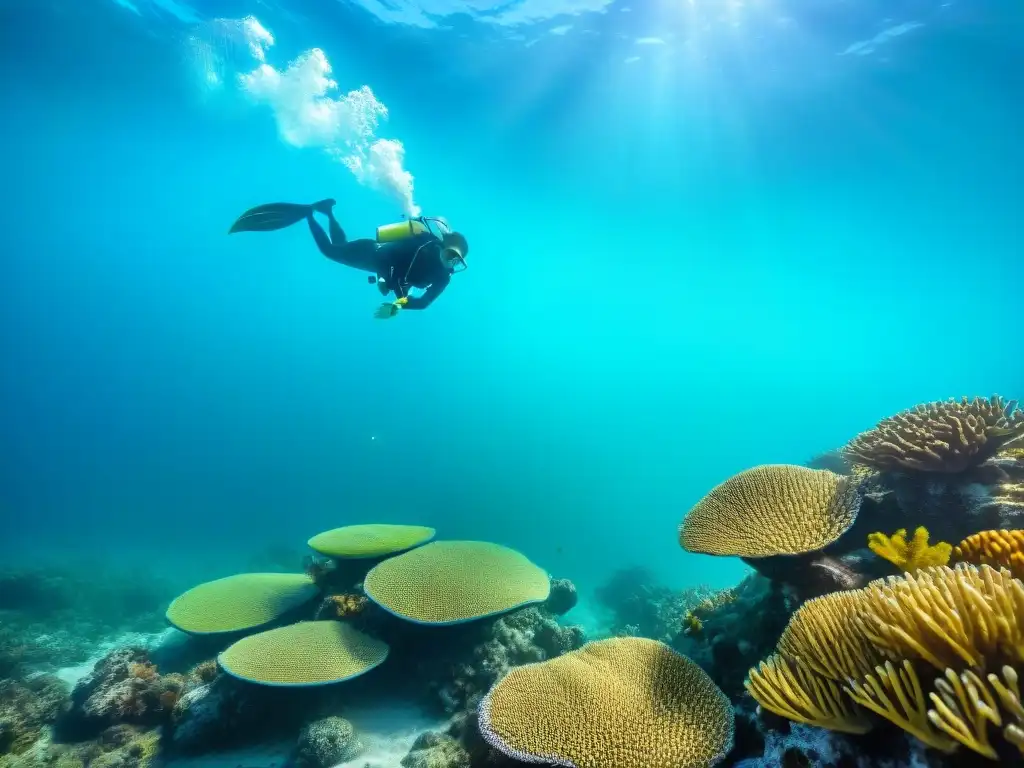 Explorar mundo submarino Uruguay: Snorkelers y vida marina en arrecife de coral colorido bajo aguas cristalinas