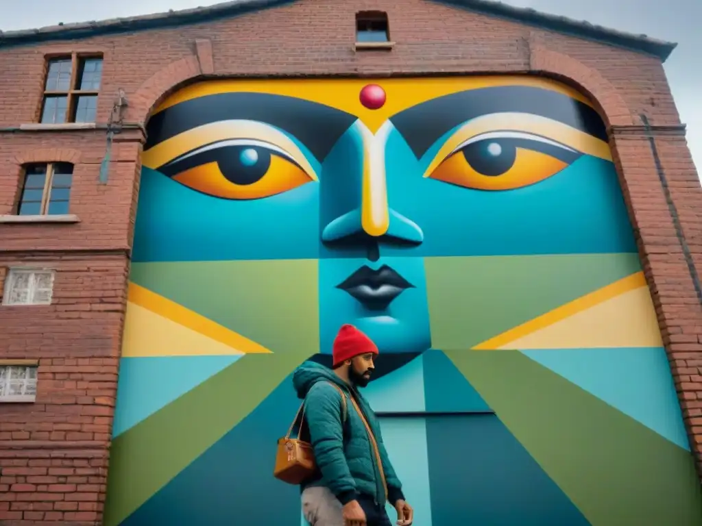 Un mural abstracto vibrante en Montevideo, Uruguay, con figuras surrealistas y formas geométricas coloridas