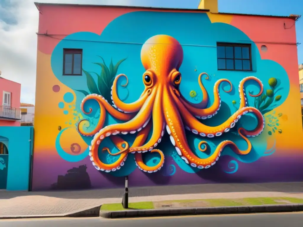 Un mural de arte callejero en Punta del Este muestra un pulpo gigante rodeado de escenas submarinas coloridas y detalladas