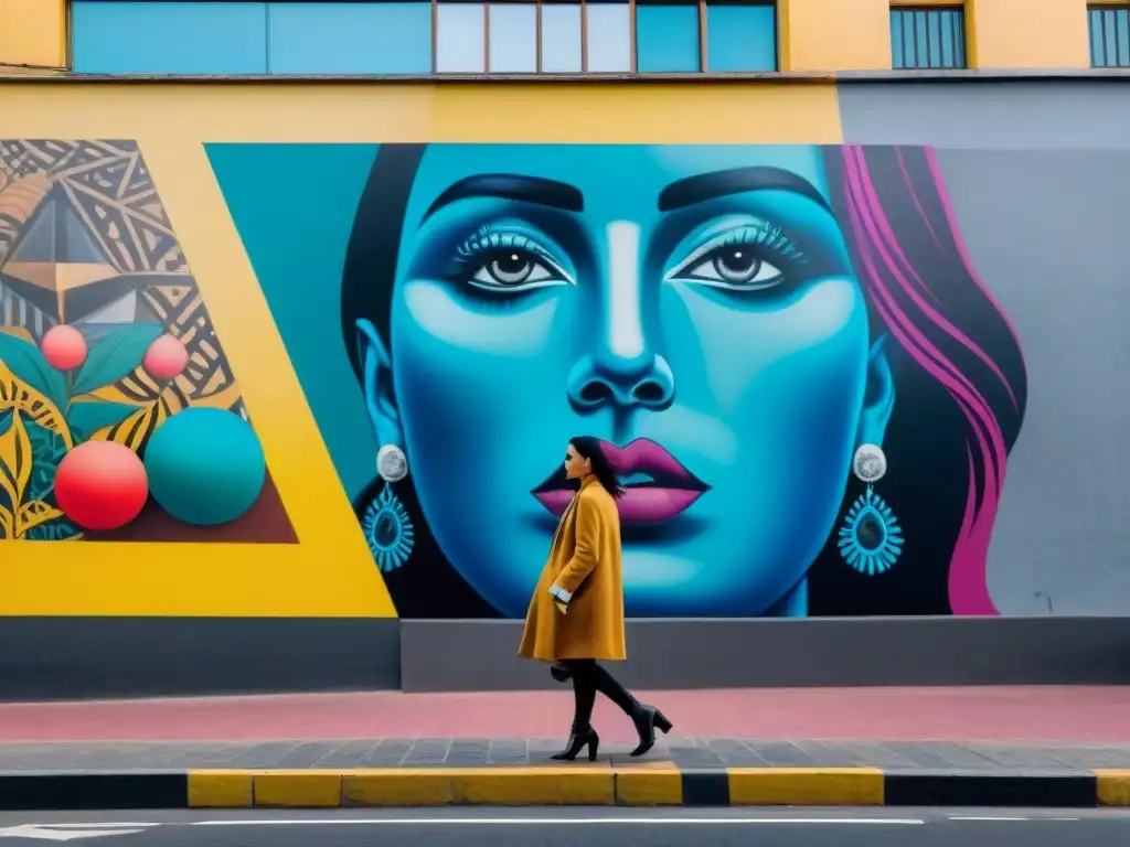 Un mural de arte urbano en Montevideo, Uruguay, muestra un retrato gigante rodeado de formas y patrones coloridos, redefiniendo espacios públicos