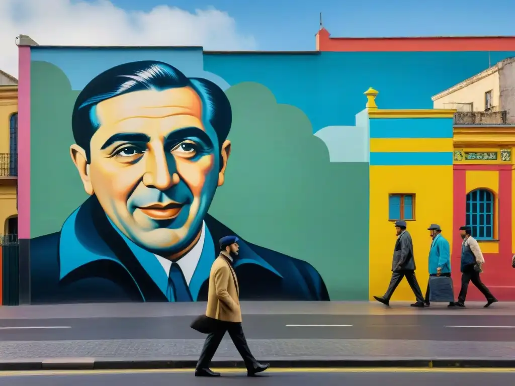 Mural callejero en Montevideo con personajes icónicos de Uruguay como Carlos Gardel y Mario Benedetti