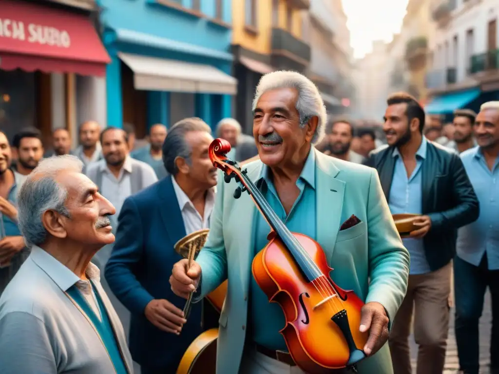 Un mural callejero vibrante en Uruguay retrata ancianos tocando instrumentos folclóricos, capturando la esencia de la comunidad