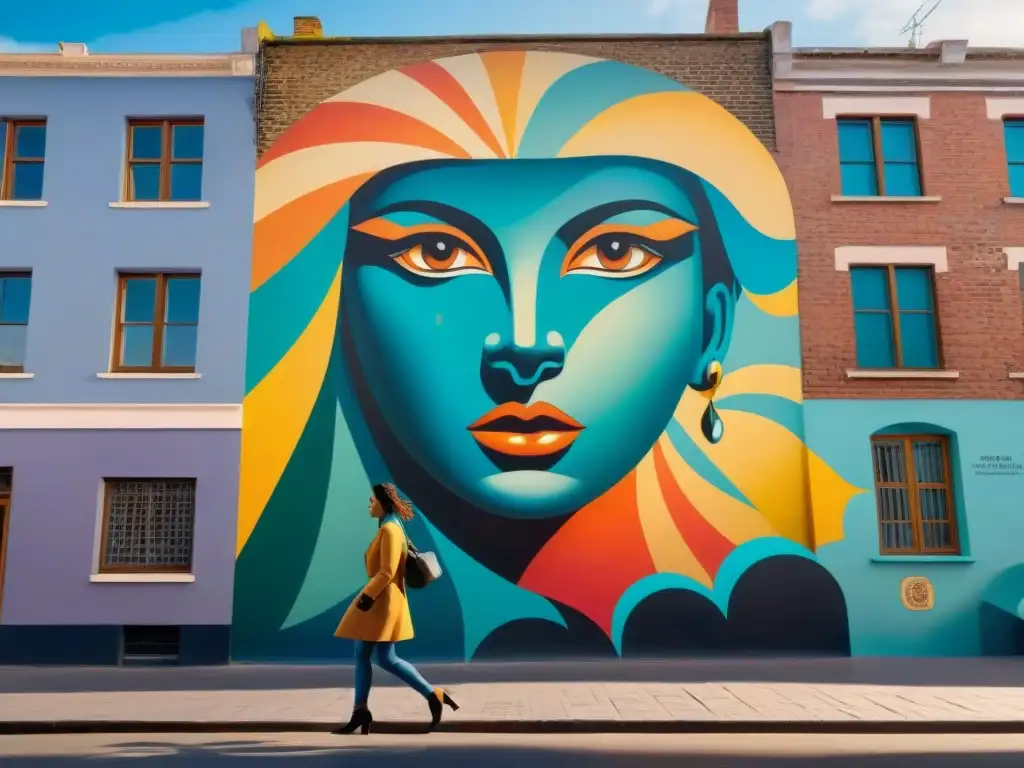 Un mural callejero vibrante en Montevideo, Uruguay, fusionando estilos abstractos y figurativos con colores audaces y detalles intrincados