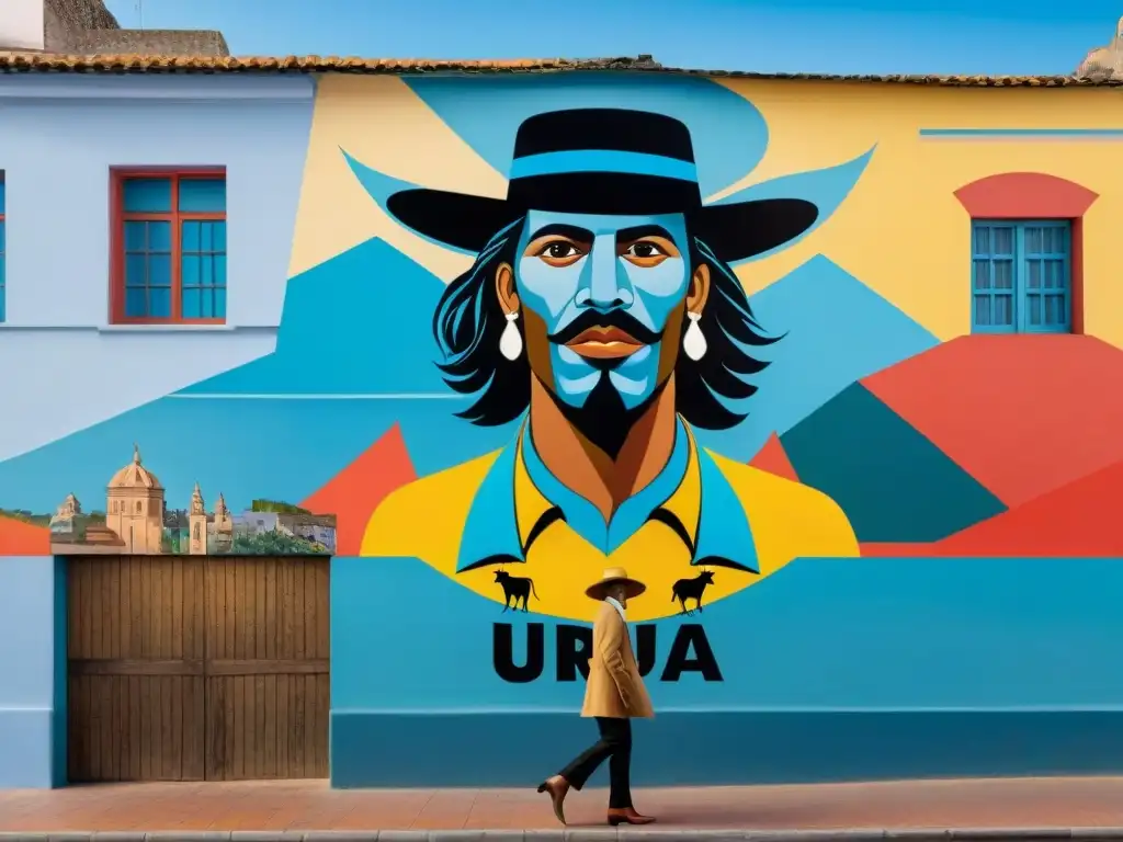 Un mural callejero vibrante en Montevideo, Uruguay, muestra la rica historia cultural del país con colores audaces y detalles intrincados